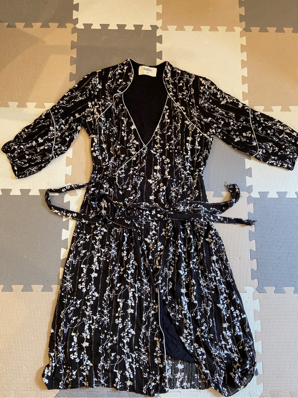 ba&sh Black Floral Wrap Dress with metallic stripes